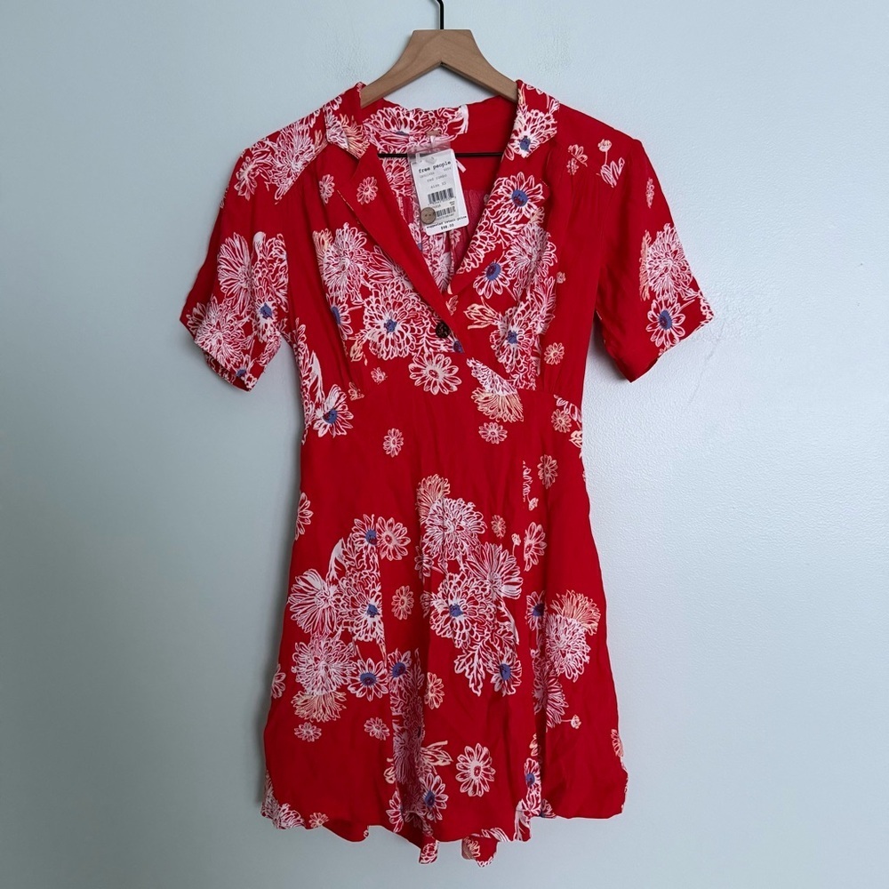 Free People Blue Hawaii Red Floral Print Short Sleeve Mini Dress - Picture 5 of 8
